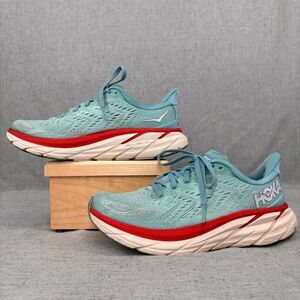 Hoka One One Clifton 8 Shoes Blue & Red Mesh Running Lace Up Women's 7